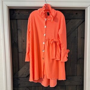 Women’s Ruffled Button-Front Tunic Top - Coral